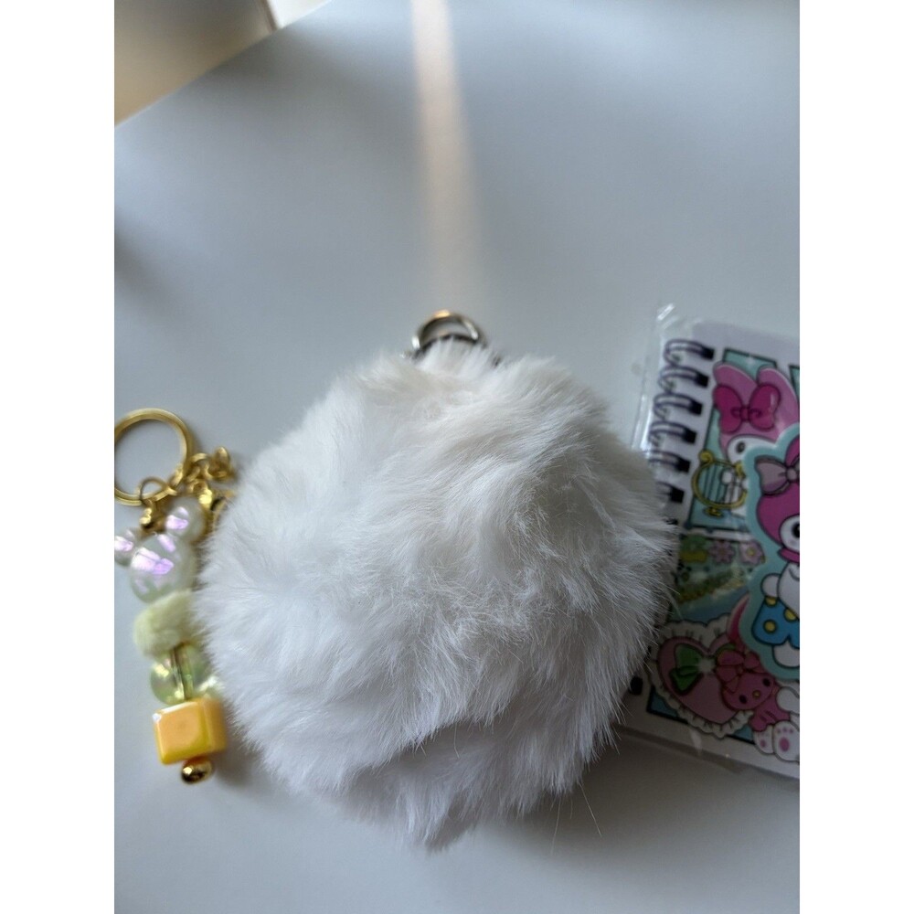 Kawaii Accessory Bundle- White Fluffy Pom Keychain+ Bead Charm+Mini Notebook